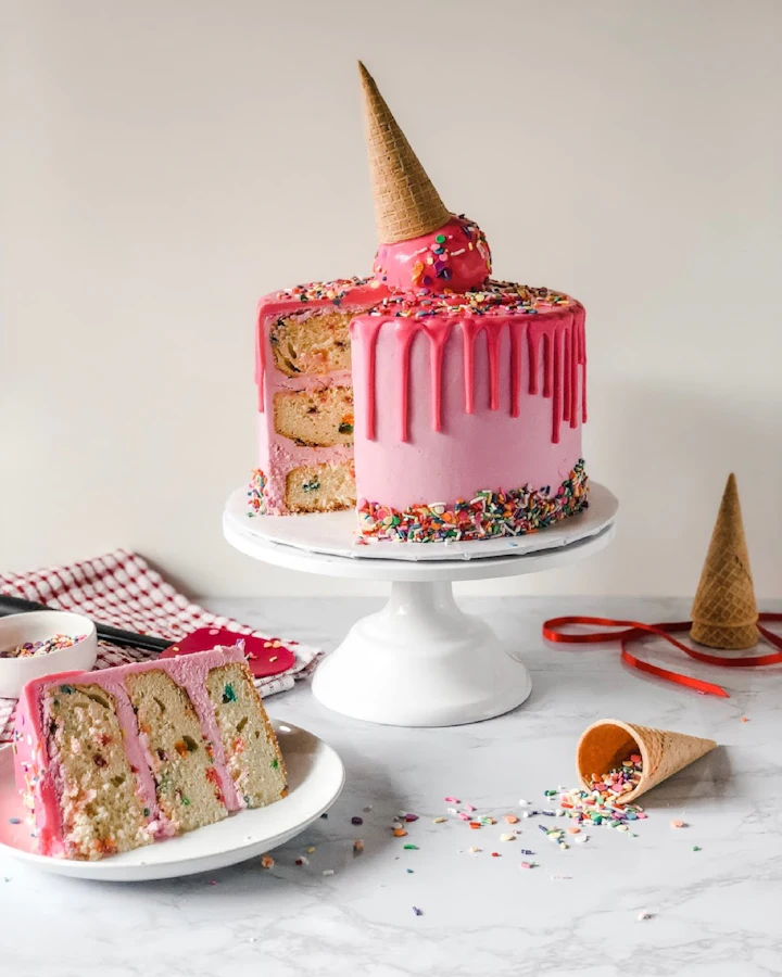 Torta con chorreado rosa y confites de colores
